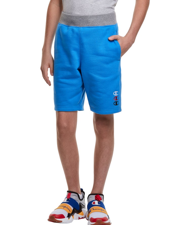 Champion Drenge Shorts Blå - Reverse Weave Fleece Triple Stacked Logos - Danmark FGZ-296103